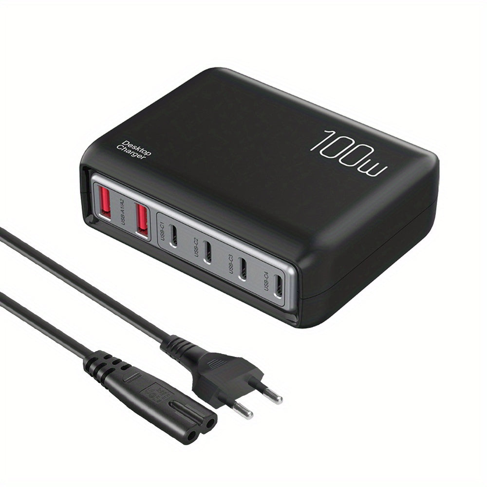 1pc 100W Cell Phone Electronics Charger Multi-functional Quick Charging Station with 2-Port QC 3.0 USB 4-Port type-c Quick Charger for Smartphones, Laptops, Watches and Other USB Devices