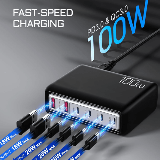 1pc 100W Cell Phone Electronics Charger Multi-functional Quick Charging Station with 2-Port QC 3.0 USB 4-Port type-c Quick Charger for Smartphones, Laptops, Watches and Other USB Devices