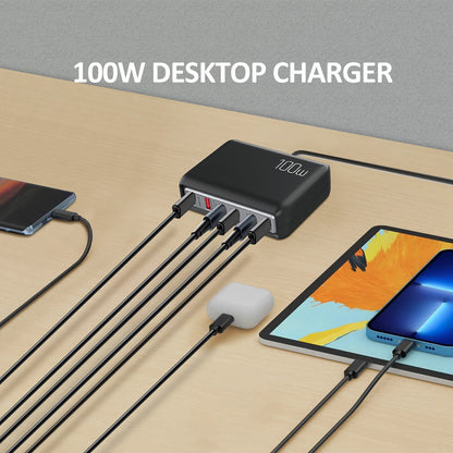 1pc 100W Cell Phone Electronics Charger Multi-functional Quick Charging Station with 2-Port QC 3.0 USB 4-Port type-c Quick Charger for Smartphones, Laptops, Watches and Other USB Devices