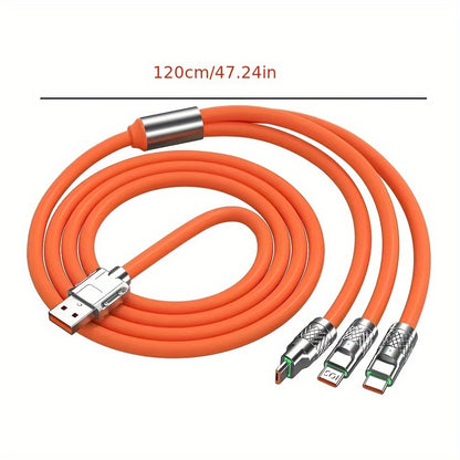 Three In One 120W Super Fast Charging Data Cable, For Apple Type C Android, Phone Charging Cable, Car Universal Three-head Fast Charging Data Cable, Stylish Look