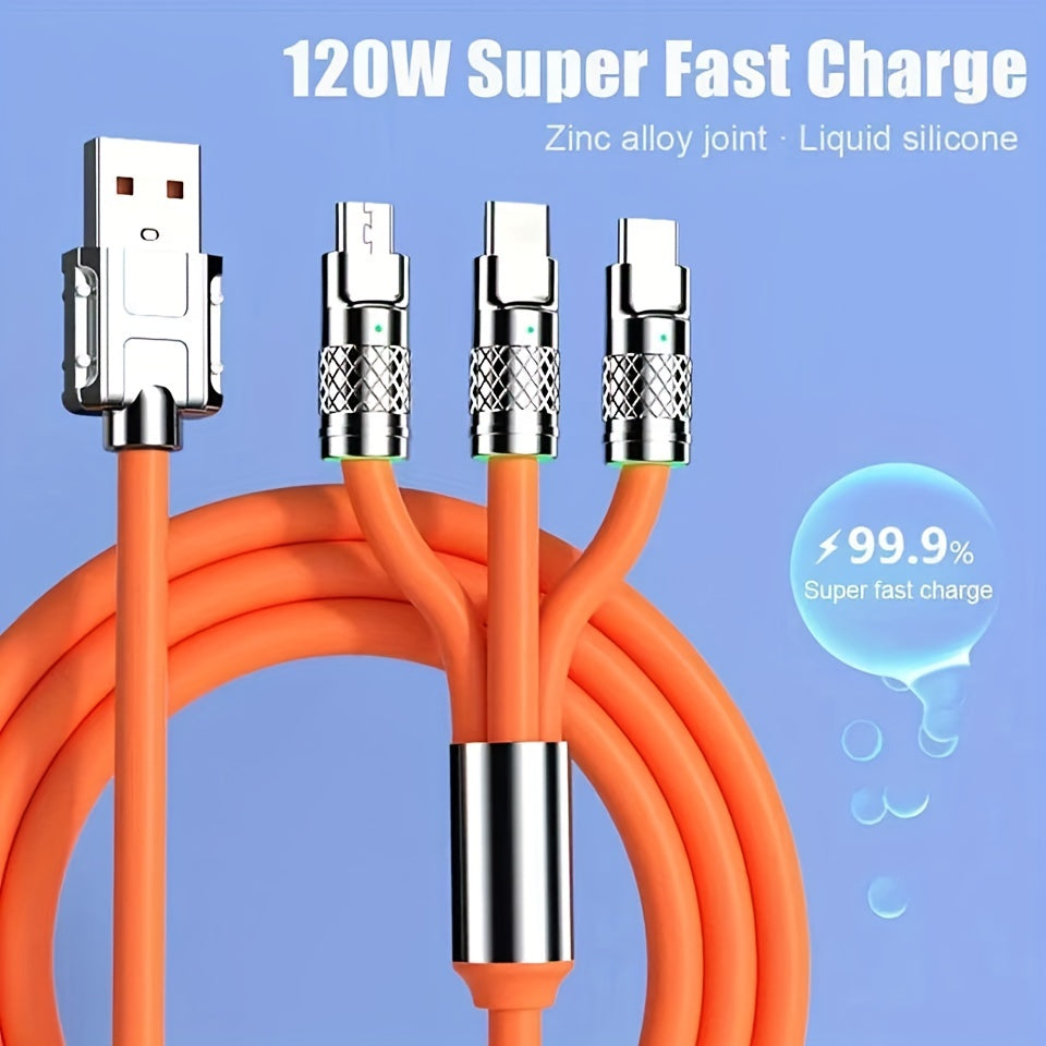 Three In One 120W Super Fast Charging Data Cable, For Apple Type C Android, Phone Charging Cable, Car Universal Three-head Fast Charging Data Cable, Stylish Look