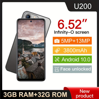 U200 Smartphone, 16.56cm LCD Display, 32GB RAM, 3800mAh Battery, 4G Network, 5MP+13MP Camera, Face Recognition, Touchscreen, 720x1520 Resolution, USB-C, Android 10.0, Dual SIM, Wi-Fi, Wireless, 9:16 Aspect Ratio, USB Charging, Polymer Battery, 2024 Model