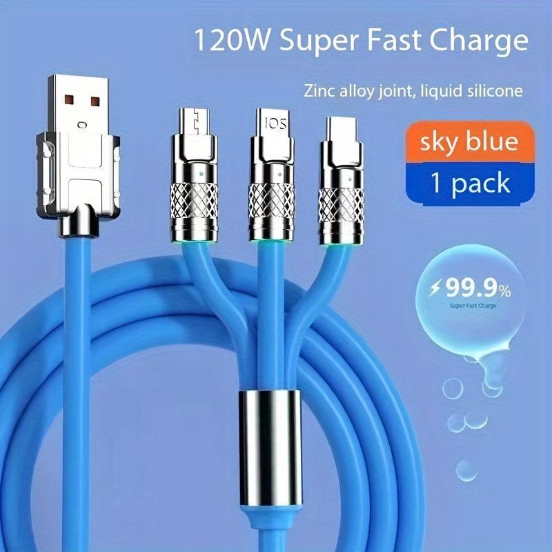 Three In One 120W Super Fast Charging Data Cable, For Apple Type C Android, Phone Charging Cable, Car Universal Three-head Fast Charging Data Cable, Stylish Look