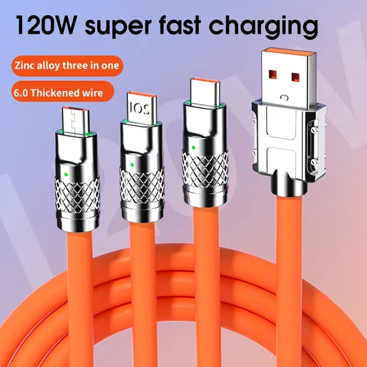 Three In One 120W Super Fast Charging Data Cable, For Apple Type C Android, Phone Charging Cable, Car Universal Three-head Fast Charging Data Cable, Stylish Look