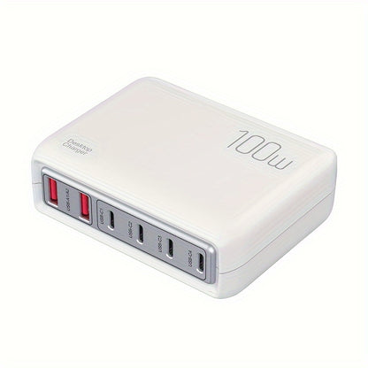 1pc 100W Cell Phone Electronics Charger Multi-functional Quick Charging Station with 2-Port QC 3.0 USB 4-Port type-c Quick Charger for Smartphones, Laptops, Watches and Other USB Devices
