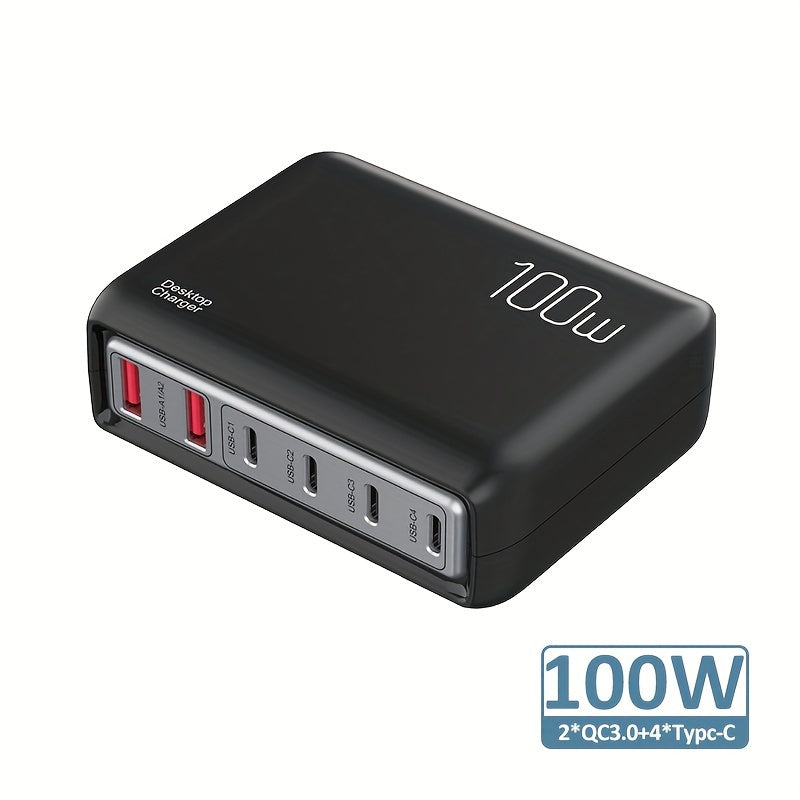 1pc 100W Cell Phone Electronics Charger Multi-functional Quick Charging Station with 2-Port QC 3.0 USB 4-Port type-c Quick Charger for Smartphones, Laptops, Watches and Other USB Devices