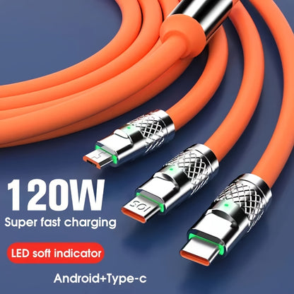 Three In One 120W Super Fast Charging Data Cable, For Apple Type C Android, Phone Charging Cable, Car Universal Three-head Fast Charging Data Cable, Stylish Look