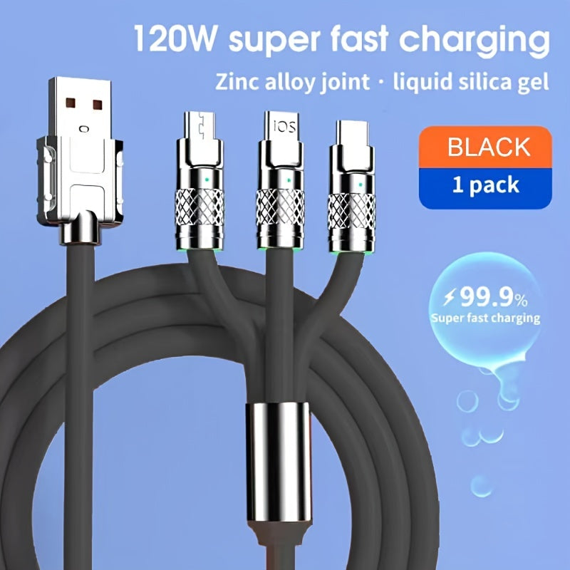 Three In One 120W Super Fast Charging Data Cable, For Apple Type C Android, Phone Charging Cable, Car Universal Three-head Fast Charging Data Cable, Stylish Look